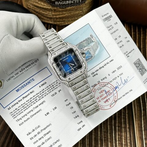 Cartier Replica Watch Santos Full Diamond Moissanite Blue Dial 39.8mm - Replica Luxury