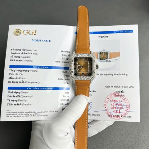 Cartier Santos Brown Dial Copies Watches Custom Diamonds Moissanite BV Factory 39.8mm - Replica Luxury