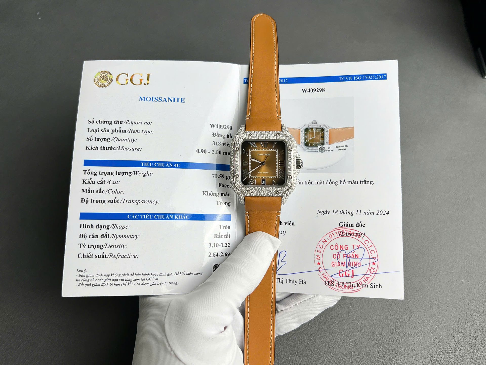 Cartier Santos Brown Dial Copies Watches Custom Diamonds Moissanite BV Factory 39.8mm - Replica Luxury