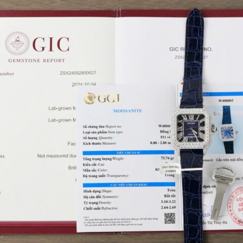 Cartier Santos Copies Watch Dial Blue Custom Diamonds Moissanite Hong Kong 39.8mm - Replica Luxury