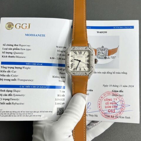 Cartier Santos White Dial Copies Watches Custom Diamonds Moissanite BVF 39.8mm - Replica Luxury