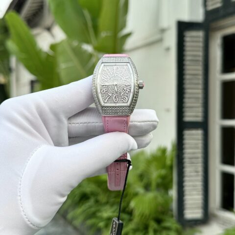 Franck Muller Replica 1:1 Watch V32 With Full Diamonds Pink Rubber Strap ABF Factory 32x40mm - Replica Luxury